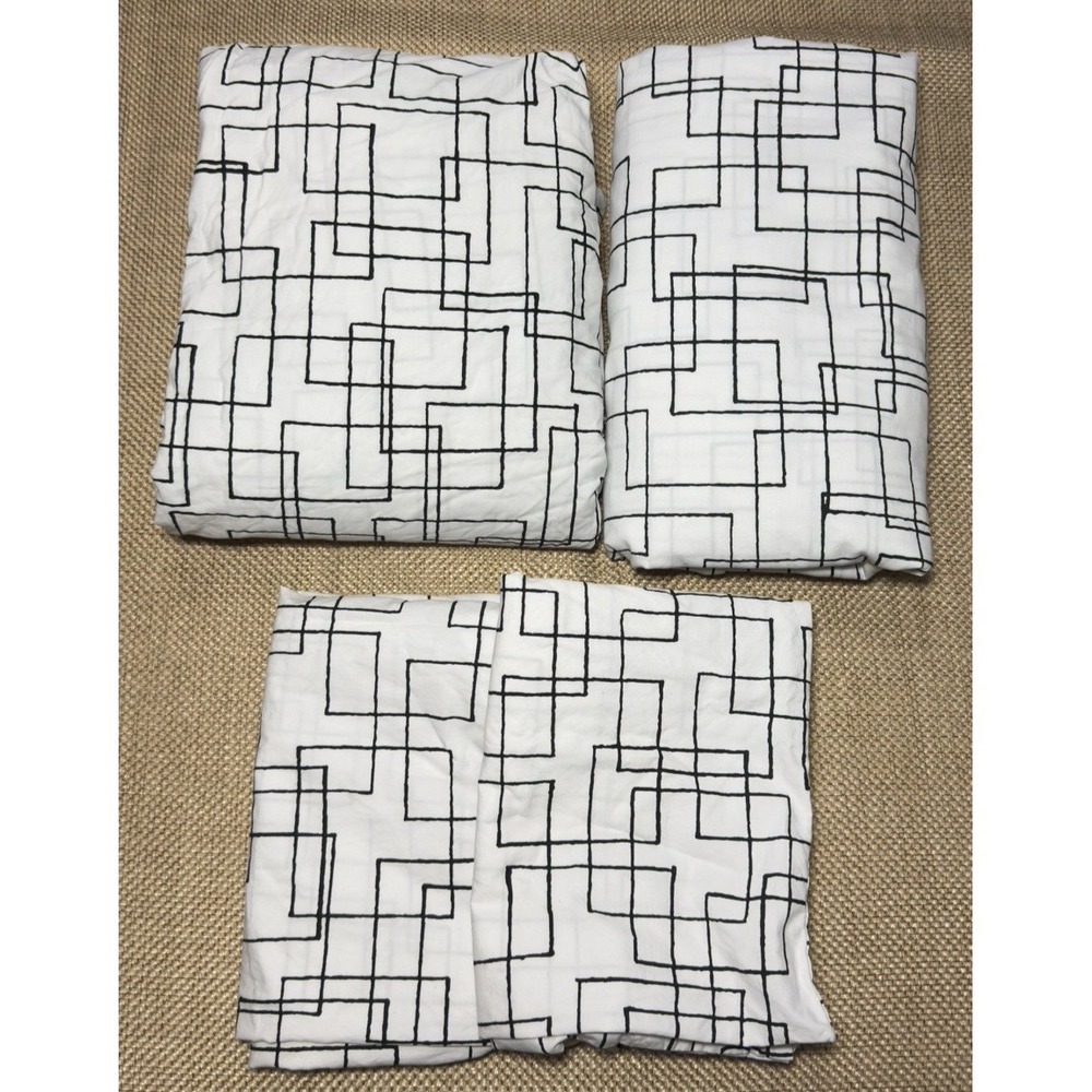MARIMEKKO SudenKorento Sheet Set FULL 4pc Geometric Modernist Black White Cotton